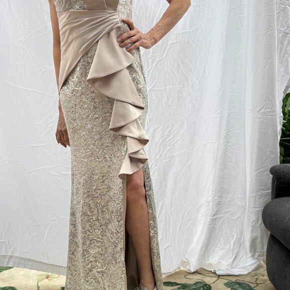 Eliza J Size 6 Beige Silver Accented Full Length Gown - Picture 7 of 16
